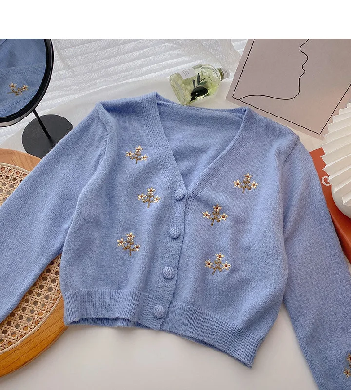Floral embroidery V-neck short long sleeve jacket  5849 Bomber Jacket Anorak Windbreaker