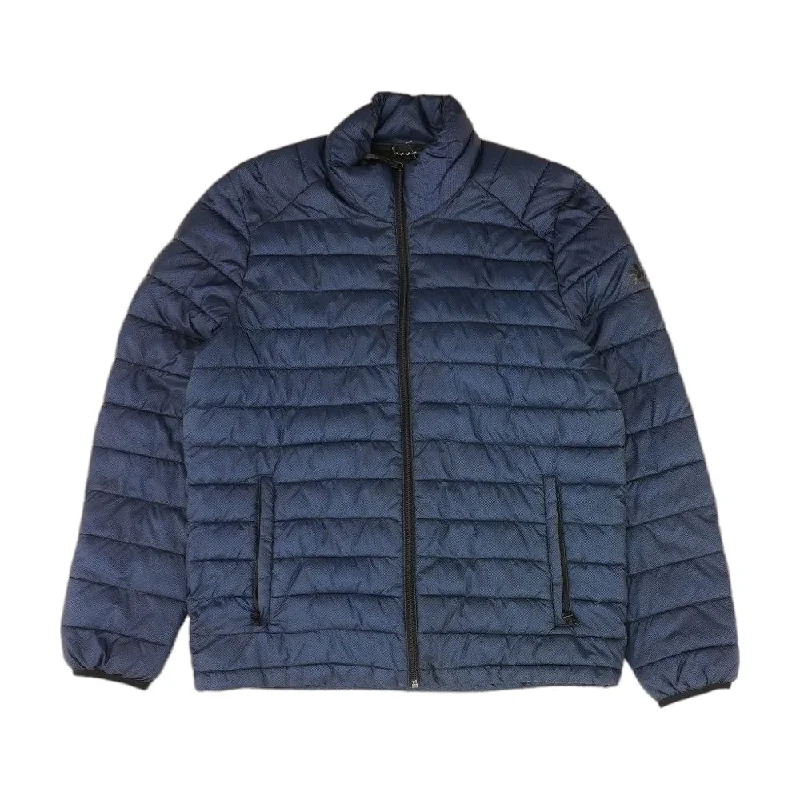 Navy Solid Puffer Jacket Notch Collar Peter Pan Collar Cowl Neck