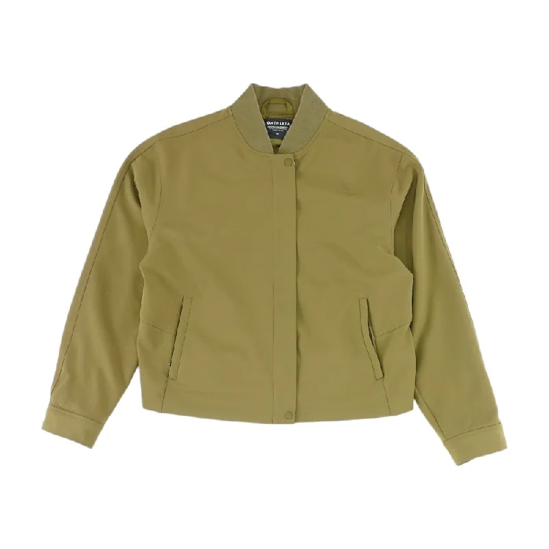 Olive Solid Bomber Jacket A-Line Jacket Boat Neck Shawl Collar