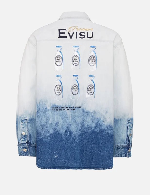 Sake Bottle Embroidered Tie-dye Denim Shirt Jacket Welt Pockets Slit Pockets Flap Pockets