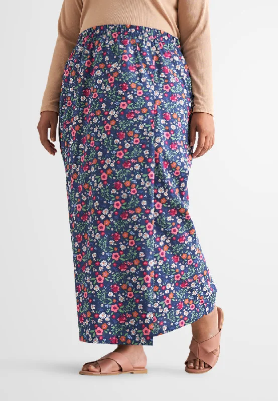 Seroja Raya Eyelet Collection Printed Cotton Skirt - Dark Blue Floral velvet skirt luxurious