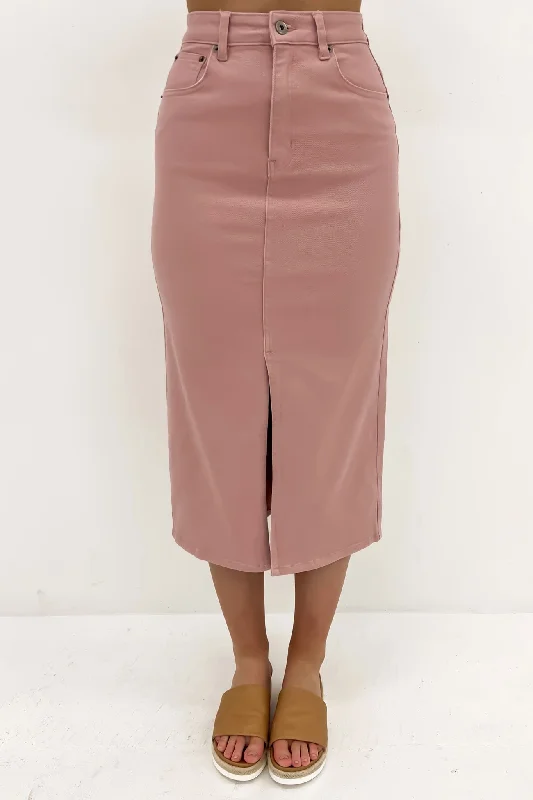 Alivia Denim Midi Skirt Pink corduroy skirt cozy