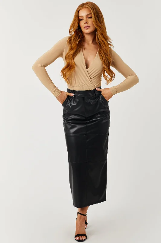 Black Faux Leather Back Slit Midi Skirt asymmetrical skirt cut