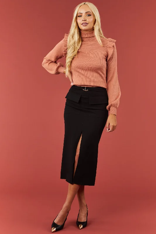 Black Flap Pocket Belted Slit Midi Skirt corduroy skirt comfortable