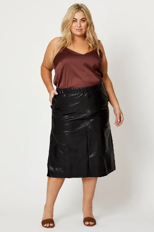 Black Midi Skirt Faux Leather corduroy skirt comfortable