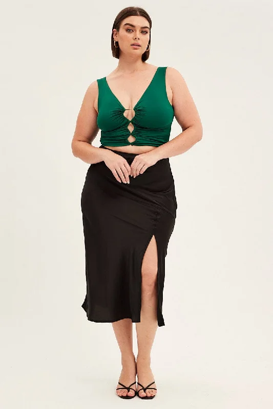 Black Midi Skirt High Waist Split Satin leather skirt modern