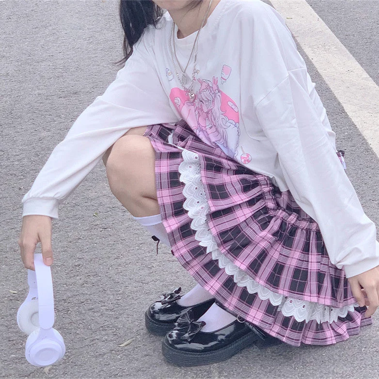Black pink check pleated skirt PL52121 pleated skirt texture