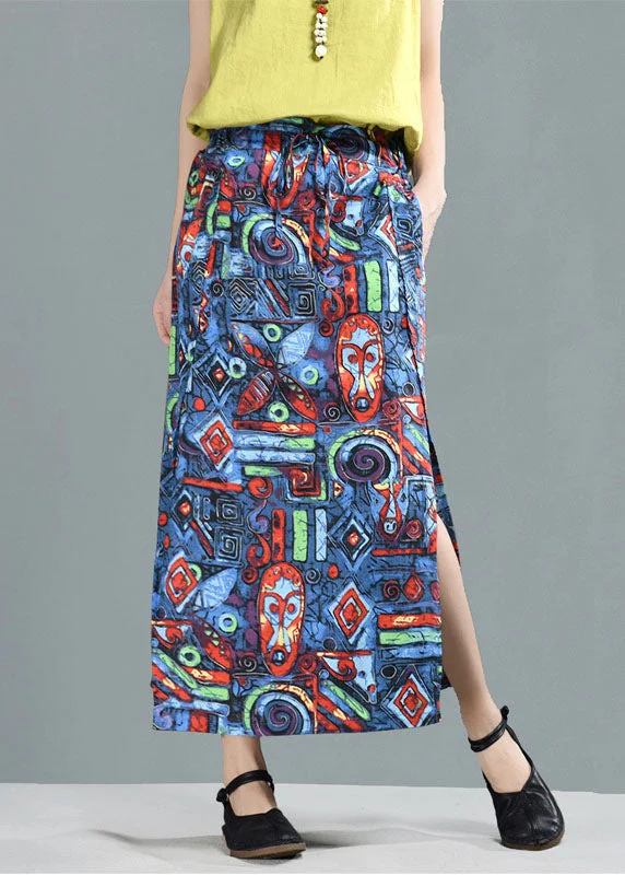 Bohemian Blue Elastic Waist Pockets Print Linen A Line Skirt Summer denim skirt fashionable