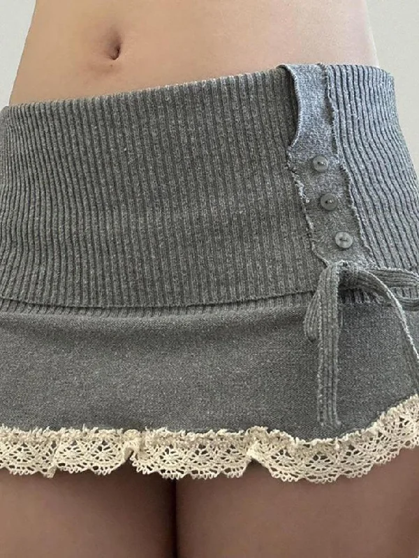 Bow Lace Trim Knit Skirt velvet skirt sumptuous