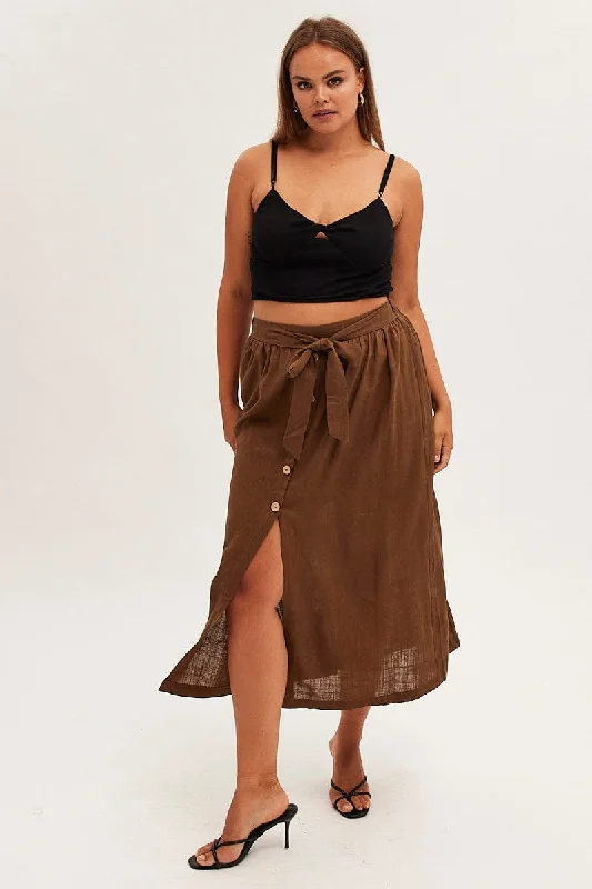 Brown Maxi Skirt Button Front Tie Waist maxi skirt elegant