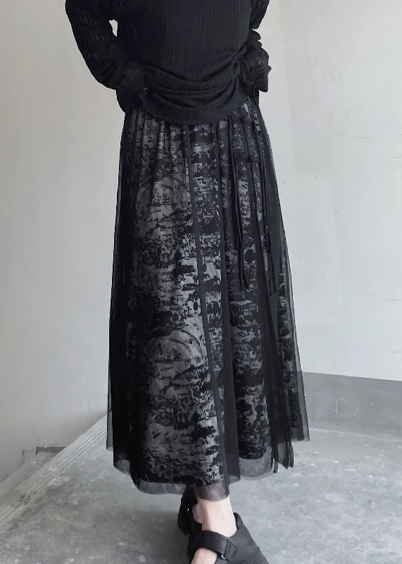 Chic Black Print Elastic Waist Patchwork Tulle Skirt Summer corduroy skirt durable