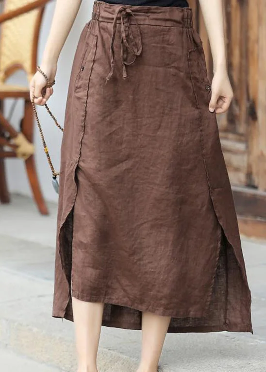 Chic Brown elastic waist tie waist Asymmetrical Pockets Linen Skirt Spring wool skirt thick
