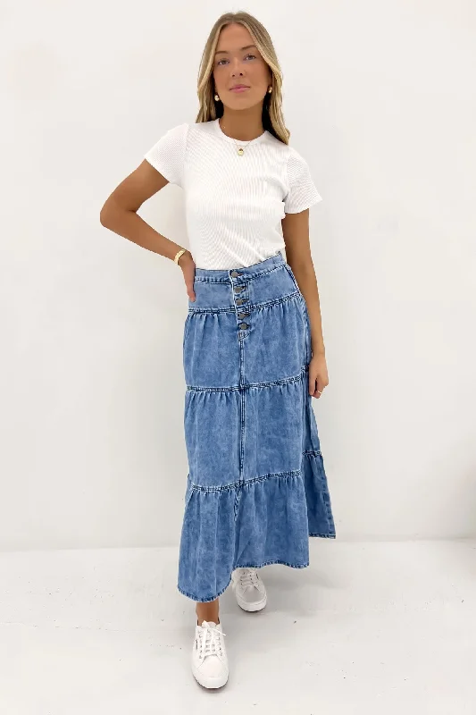 Coco Denim Maxi Skirt Light Blue floral skirt print