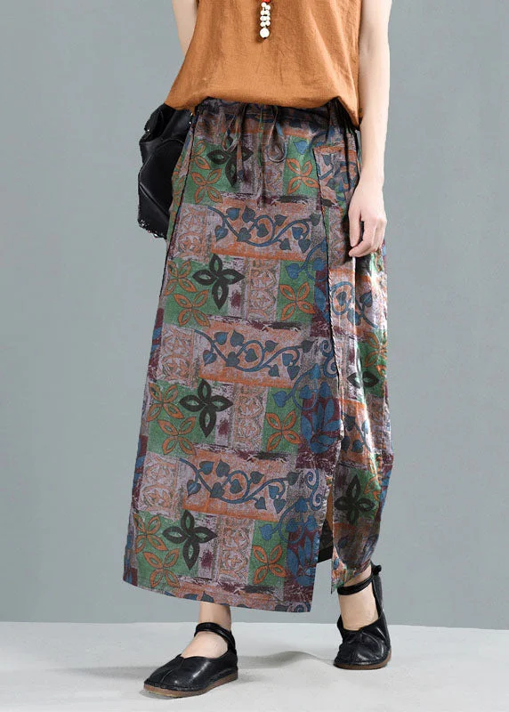 Chocolate Print Linen Beach Skirt High Waist Side Open Summer silk skirt lustrous