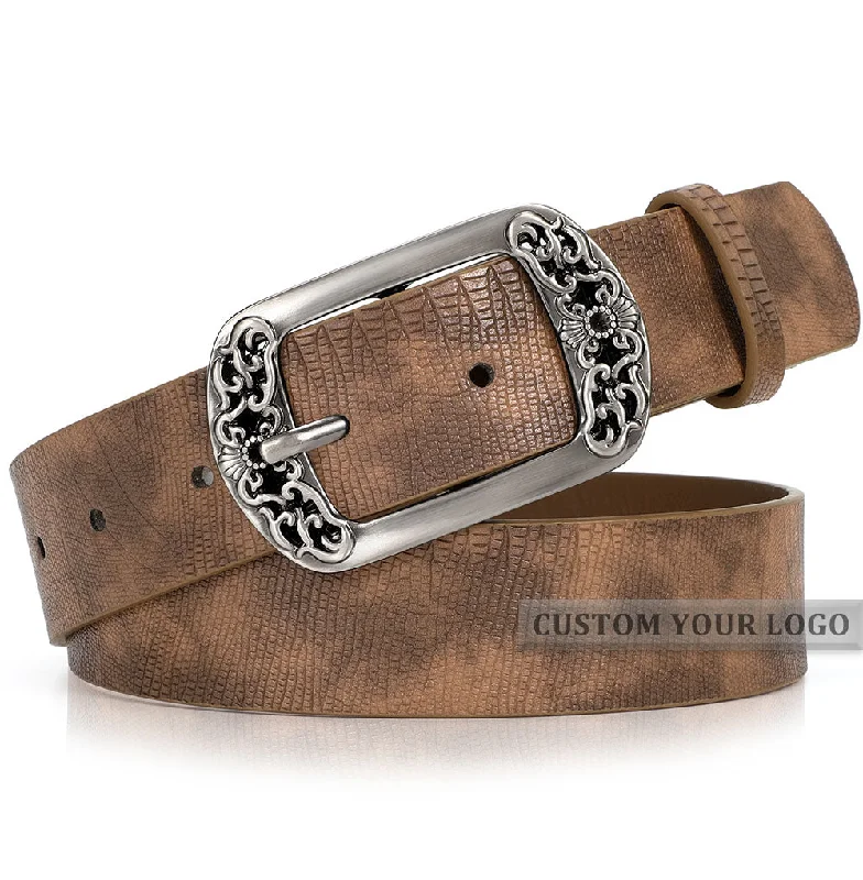 JASGOOD 1 Pack Vintage Snake Pattern Design Faux Leather Zinc Alloy Pin Buckle Women Belt For Jeans Comfortable Distressed Straight-Leg Jeans