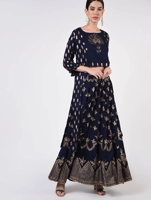 Women's Navy Blue Viscose Rayon Crop Top & Skirt With Shrug (3 Pcs Set) - Cheera wool skirt thick
