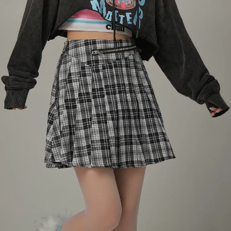 Check Pleated Skirt linen skirt breathable