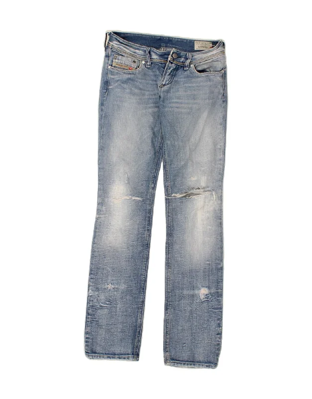 DIESEL Womens Lowky Distressed Slim Jeans W25 L32 Navy Blue Fashionable Raw Hemmed Jeans