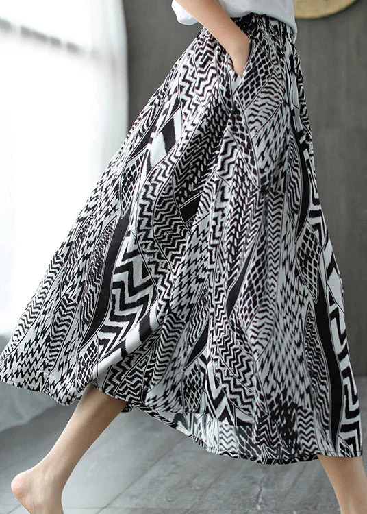 Elegant Black White Print Patchwork Pockets Elastic Waist Linen Skirt Summer denim skirt trendy