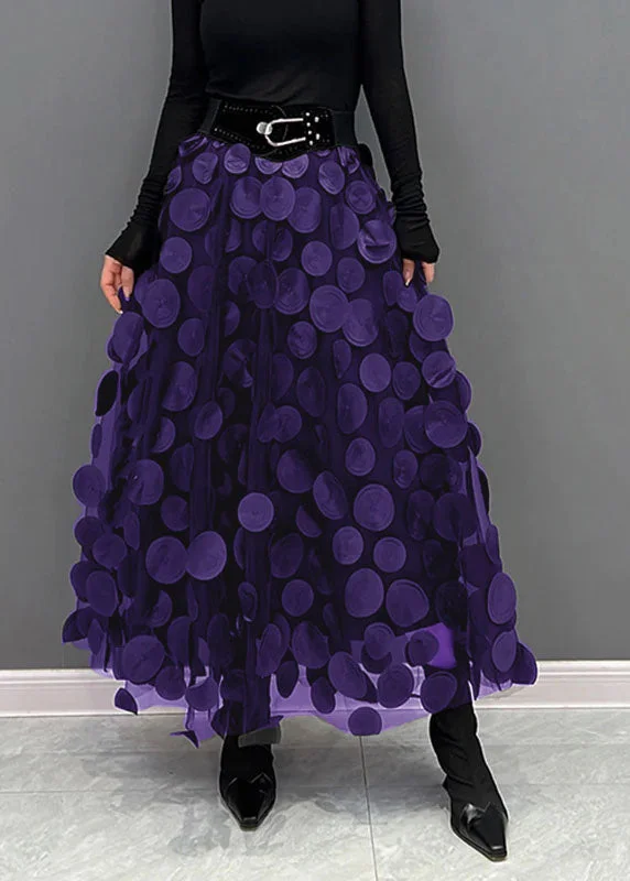 Elegant Purple Dot Patchwork Tulle Skirt Fall chiffon skirt lightweight