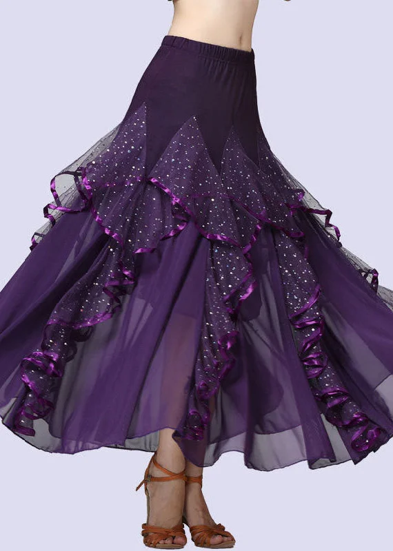 Fashion Purple Wrinkled Tulle Patchwork Sequins Cotton Skirts Summer asymmetrical skirt cut