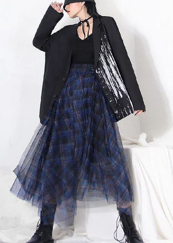 Fine Blue Plaid Button Asymmetrical Summer Skirt denim skirt classic
