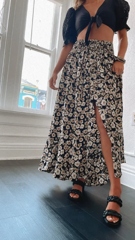 Floral Smock Waist Tiered Flared Maxi Skirt, Black high waist skirt