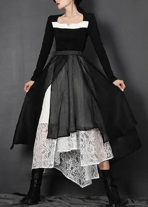 French Black Hollow Out asymmetrical design Summer Skirts lace skirt intricate