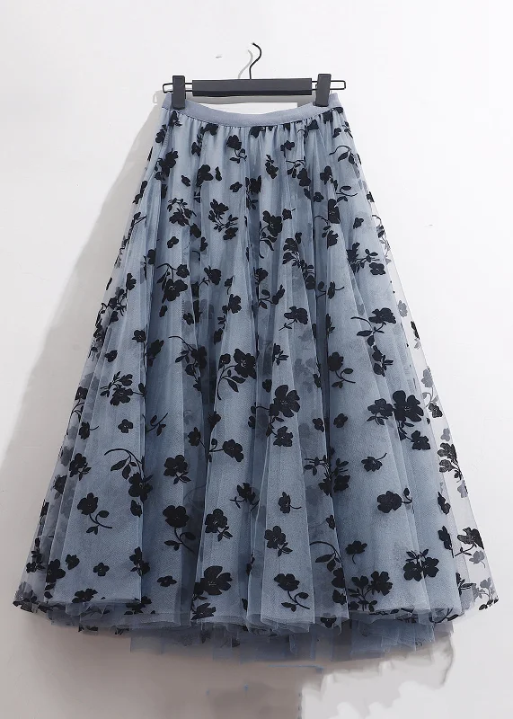 French Blue Floral Elastic Waist Tulle Skirts Summer pencil skirt chic