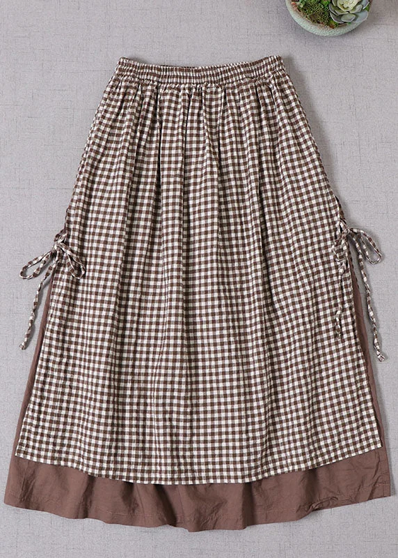 French Chocolate Plaid side open tie Skirt Spring denim skirt durable