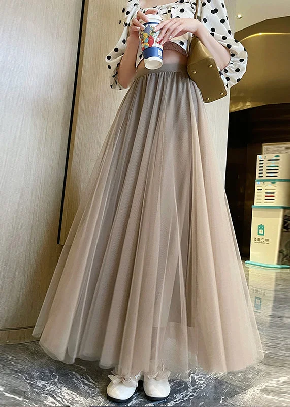 French Khaki High Waist Wrinkled Tulle Skirts Summer silk skirt smooth