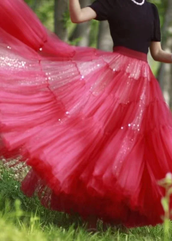 French Red Handmade Zircon Wrinkled Patchwork Tulle Skirt Spring athletic skirt fit