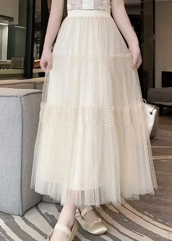 French Versatile Apricot Wrinkled Patchwork Tulle Skirt Spring linen skirt natural