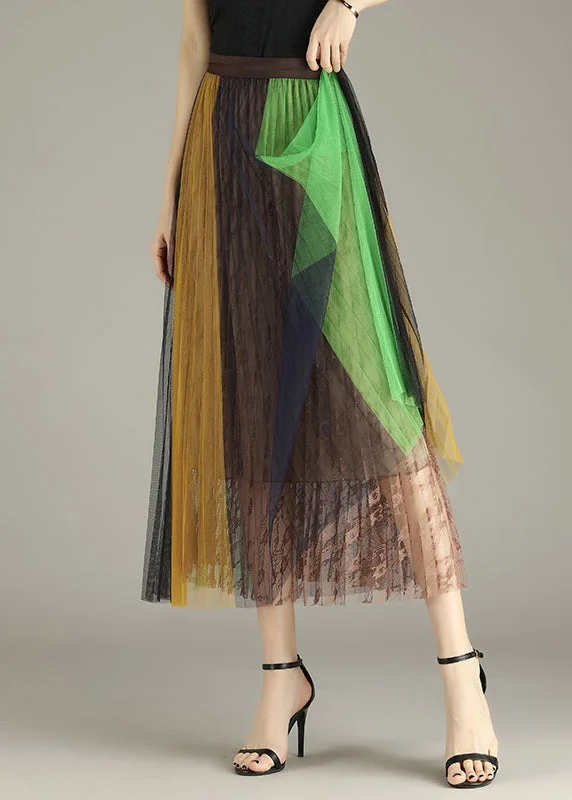 French Yellow Green Lace Patchwork Tulle Pleated Skirt Summer low waist skirt