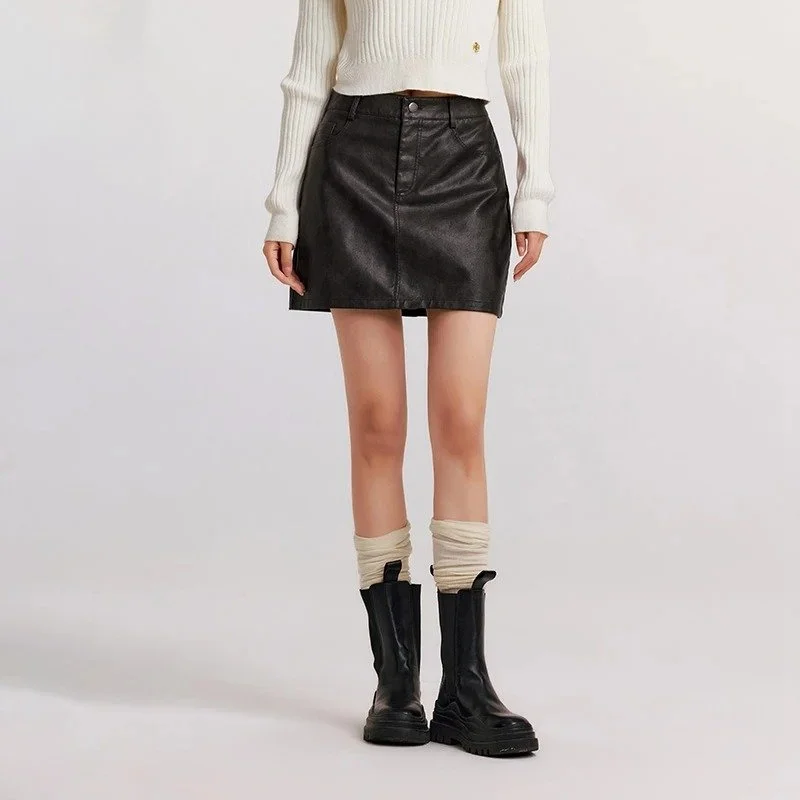 High Waist Leg-Lengthening PU Leather Mini Skirt wool skirt warm