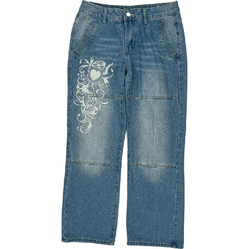 Hip Hop Unbranded Graphic Wide Leg Jeans - 32W 31L - Blue Cotton Blend Fashionable Jeggings Style Jeans