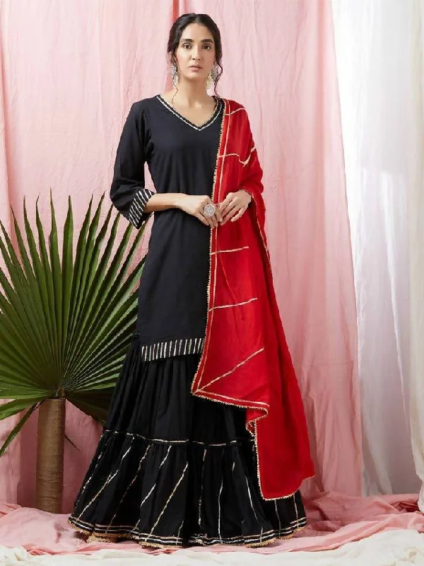 Women's Black & Red 100% Cotton Kurta Skirt Dupatta Set - Cheera linen skirt natural