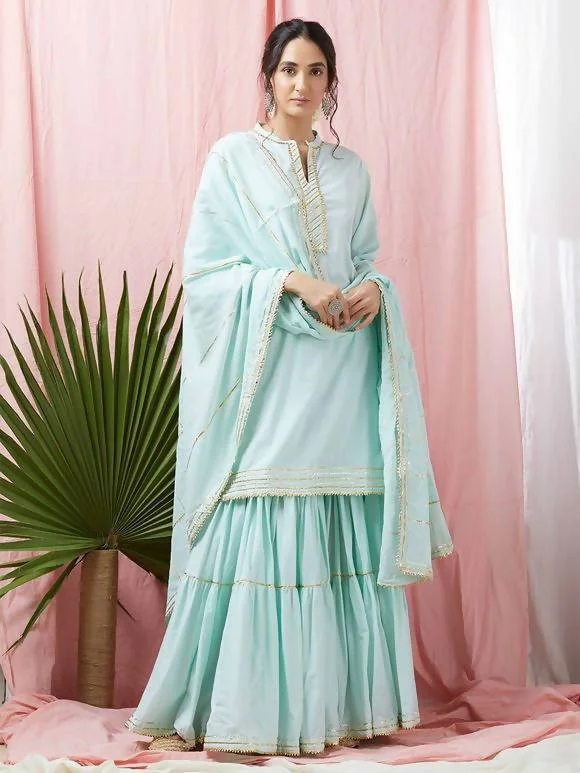 Women's Turquoise Mulmul Cotton Blue Kurta Skirt Dupatta Set - Cheera belted skirt waist