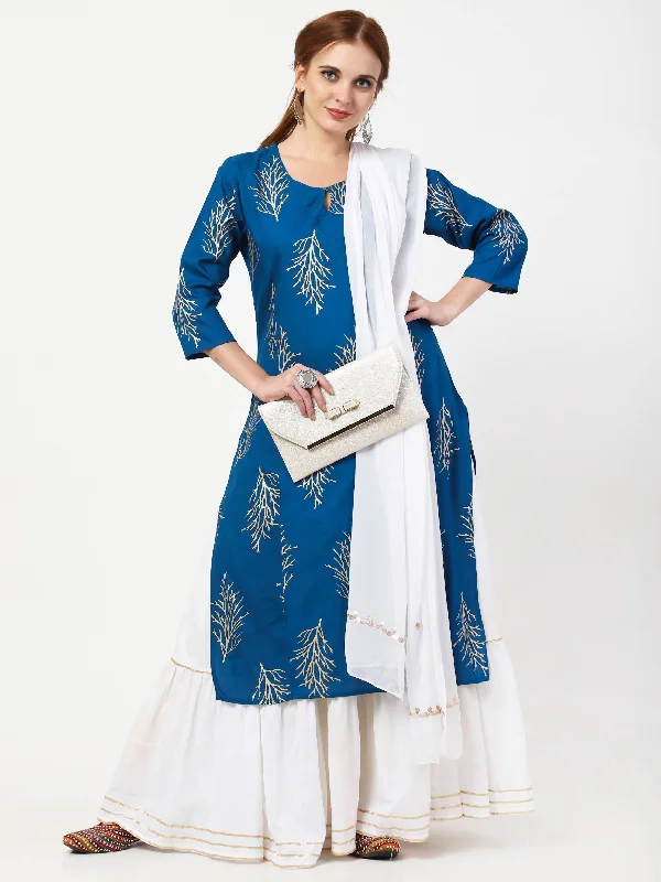 Women's Blue & White Viscose Rayon Kurta With Skirt & Embroidered Dupatta Set - Cheera chiffon skirt lightweight