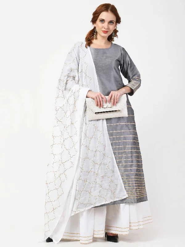 Women's Grey & White Kurta With Skirt & Embroidered Dupatta Set - Cheera relaxed fit skirt