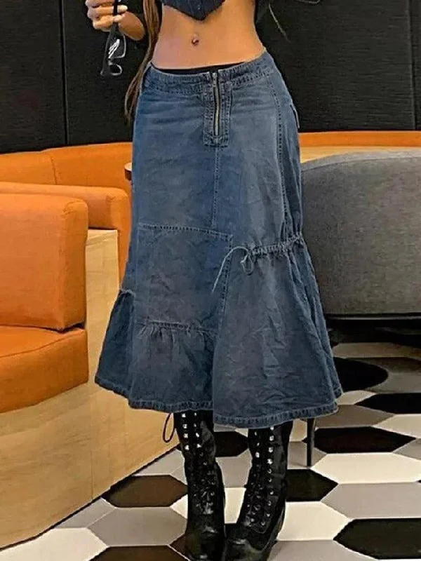 Lace Up Vintage Denim Long Skirt silk skirt lustrous