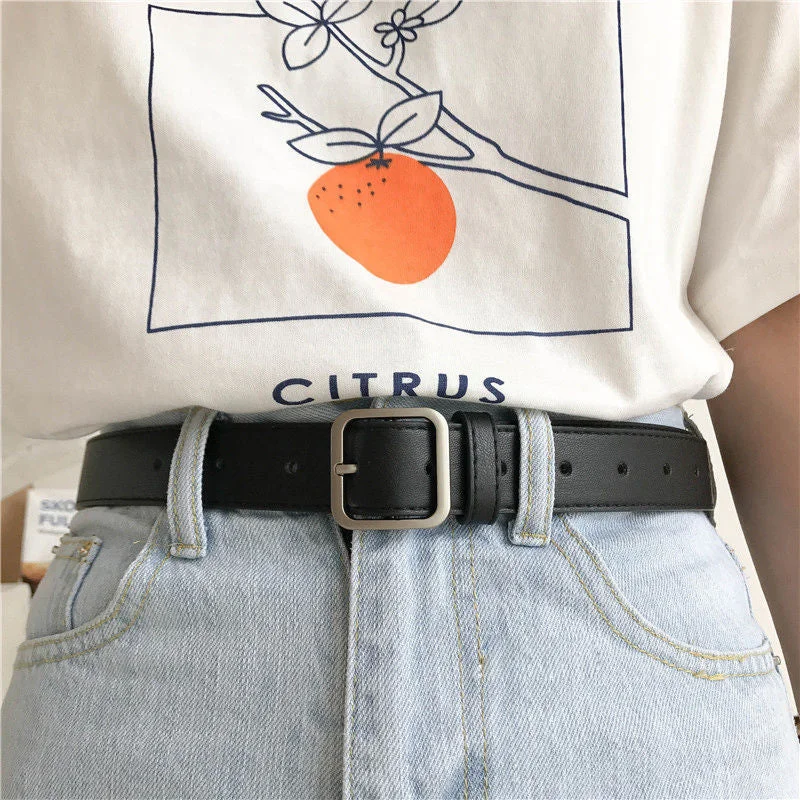 Leather Belt for Women Square Pin Buckle Black Belts for Jeans Pants Casual Wide-Legged Denim Jeans