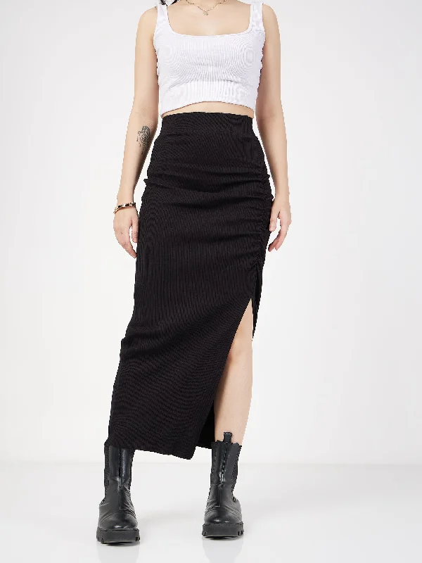 Lyush Women Black Rib Front Ruched Midi Skirt cotton skirt soft