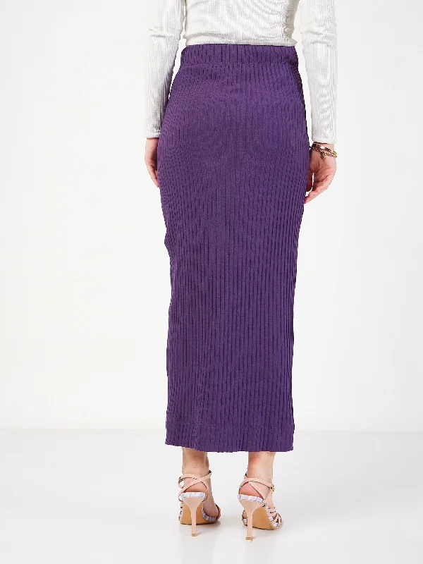 Lyush Women Purple Rib Front Ruched Midi Skirt wool skirt sturdy