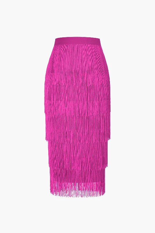 Fringed Tiered Midi Skirt slim fit skirt