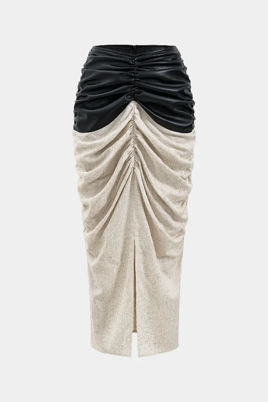 Faux Leather Linen Patchwork Ruched Skirt cashmere skirt rich