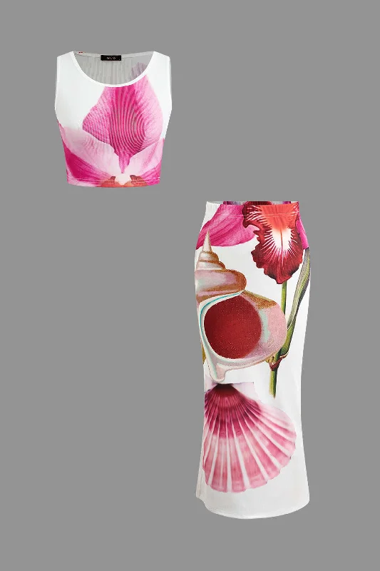 Shell and Floral Print Skirt Set cashmere skirt plush