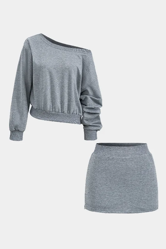 Basic Asymmetry Long Sleeve Top And Skirt Set denim skirt durable