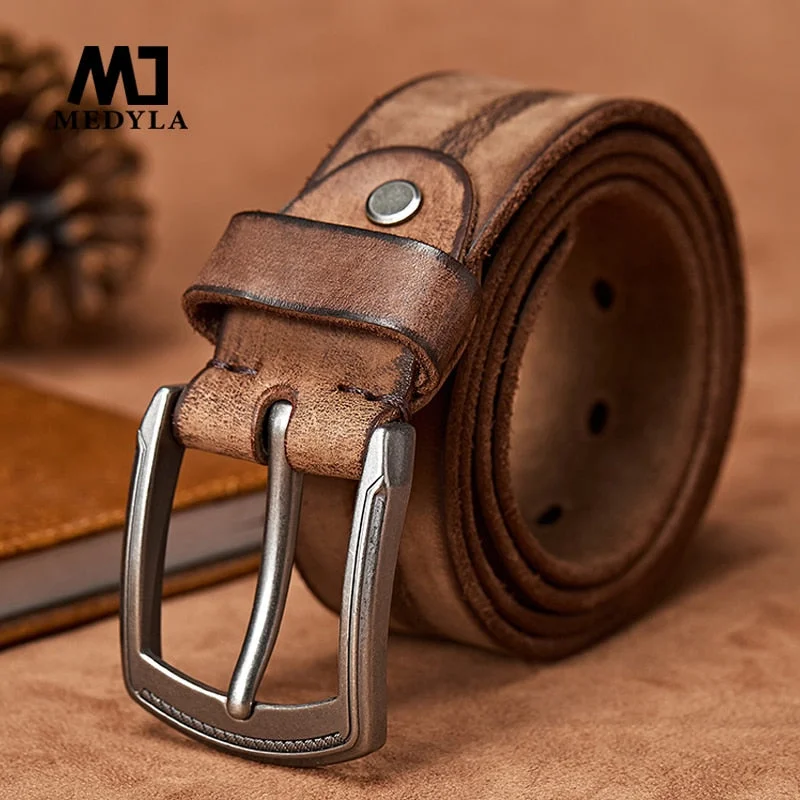 MEDYLA  Men Belt Alloy Pin Buckle Advanced Leather Belts Jeans Casual Original Cowhide Waistband Youth belt Handmade MD567 Fashionable Straight Cut Jeans