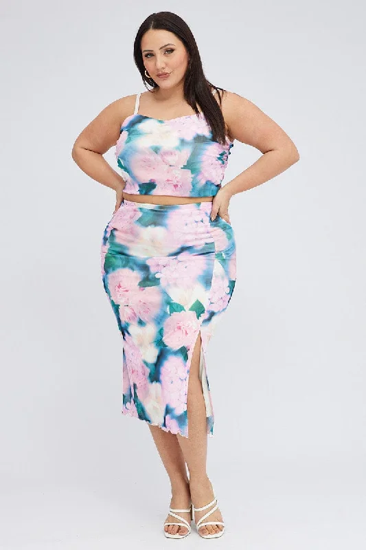 Multi Abstract Midi Skirt Bodycon Side Split floral skirt print